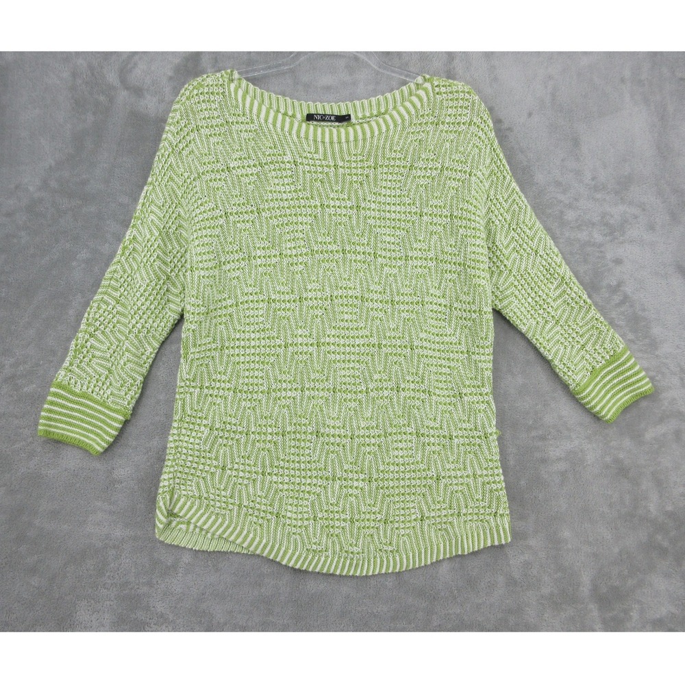 NIC+ZOE Sweater Womens Size S Green White Textured Knit Linen Blend Pullover